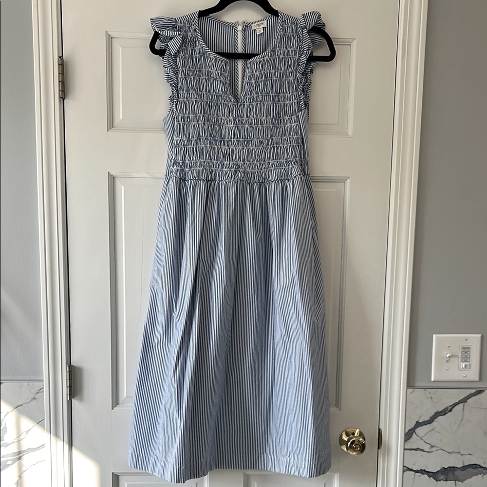 NWOT, J Crew, Women’s Blue Striped Cap Ruffle sleeve Dress, back zip, M